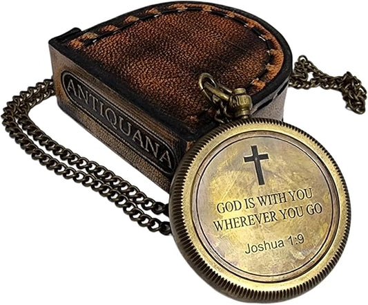 Brass Compass Unique Print 'GOD is with Yout' Engraved Compass with Leather Case and Chain A Great Gift Item for Your Loved Ones
