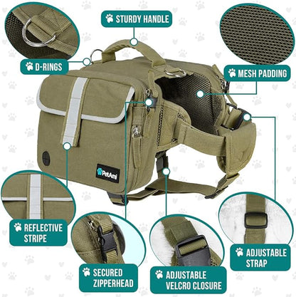 PetAmi Dog Backpack for Medium Large Dogs, Dog Saddle Bag For Dogs to Wear, Tactical Harness Saddlebag with Reflective Safety Side Pockets for Hiking Camping Vest Dog Pack Travel (Olive Green, Medium)