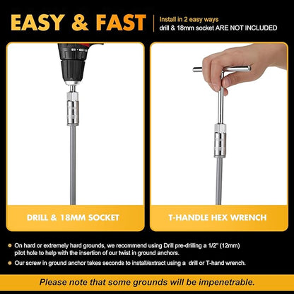 Hiboom Ground Anchor Screw Heavy Duty Earth Anchors Tent Stakes for High Wind with T Handle Hex Wrench Trampoline Hook Ground Stakes for Camping Canopies Car Ports Sheds (10 Pcs,Silver,12 Inch)