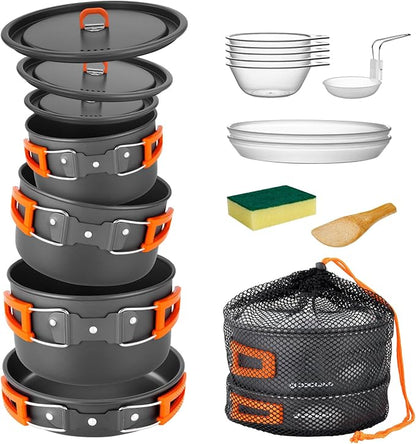 Odoland 15pcs Camping Cookware Non-Stick Lightweight Camping Pots and Pans Set with Plastic Plates Bowls Soup Spoon for Camping, Backpacking, Outdoor Cooking and Picnic