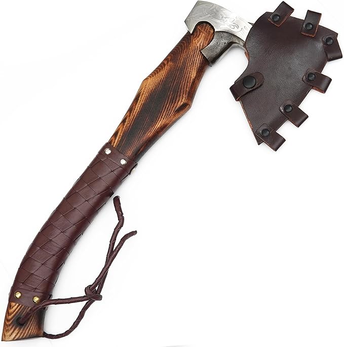 Carbon Steel Axe | Throwing Axe | Best Gift for him | Brown Wrapped Handle with Leather Sheath | Ideal for Camping and Hiking
