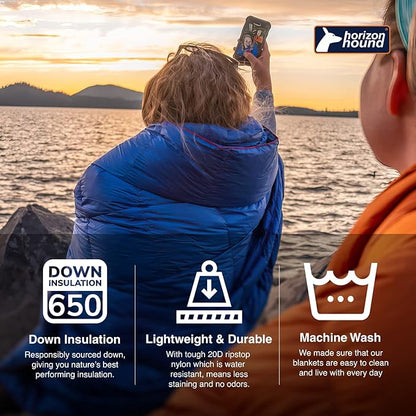Horizon Hound Down Camping Blanket - Outdoor Travel Blanket | Sustainable Insulated Down | Lightweight & Warm Quilt for Camping, Stadium, Hiking & Festival | Water Resistant, Packable & Compact