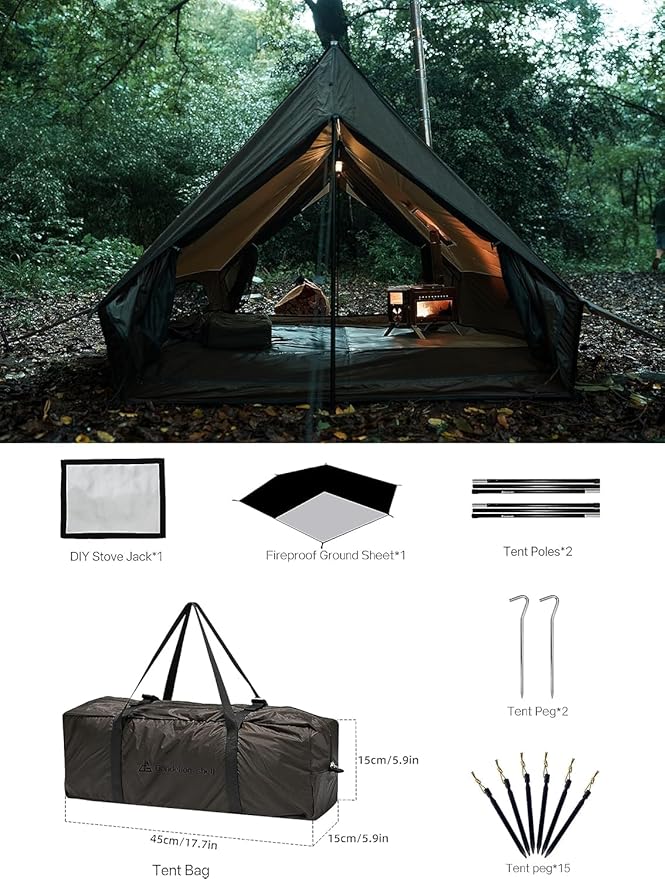 Hot Tent with Stove Jack – 4 Season Waterproof & Windproof Shelter for 1–4 People, Lightweight for Camping, Hiking, Hunting & Fishing