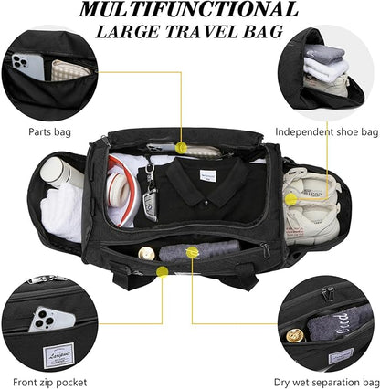 Laripwit Gym Bags for Men, 40L Medium Sports Travel Duffel Bag with Shoe Compartment & Wet Pocket Lightweight Gym Duffle Bag Backpack Multipurpose Weekender Overnight Backpack for Women, Black