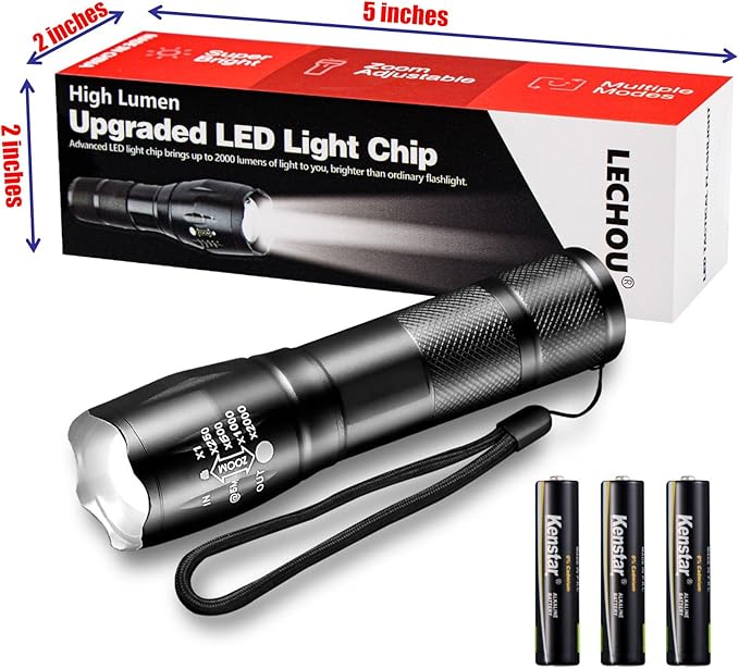 Waterproof Tactical Flashlight, 3000 Lumens LED Flashlights, 5 Modes, Zoomable, Powerful Handheld Flashlights for Outdoor Camping Hiking, Mini Flashlights for Home Emergency (1 Pack)