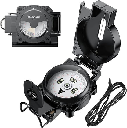Hiking Compass with Clinometer, Strong Magnetic Intensity 3000 Gauss Military Lensatic Sighting Compass with Lanyard & Pouch, Survival Compass for Hiking Camping Hunting Outdoor (Black)
