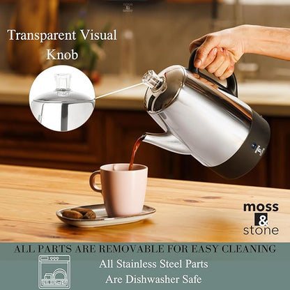 Moss & Stone Percolator Coffee Pot Electric 10 Cup, Stainless Steel Coffee Maker, Coffee Percolator Electric With Keep Warm Function, 10 Cups Stainless Steel Percolator With Coffee Basket