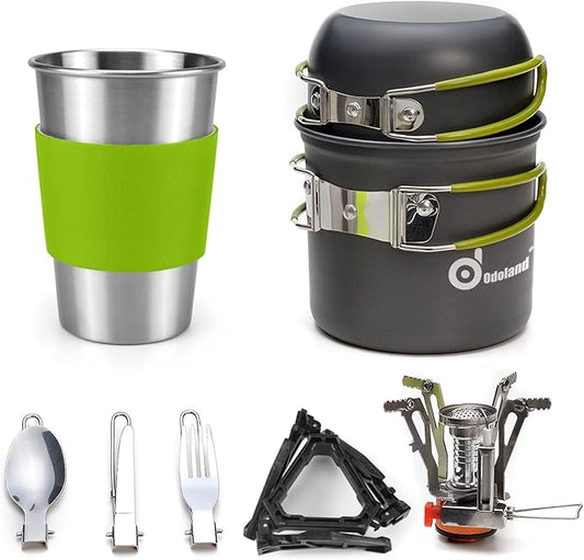 Odoland Camping Cookware Stove Carabiner Canister Stand Tripod and Stainless Steel Cup, Tank Bracket, Fork Spoon Kit for Backpacking, Outdoor Camping Hiking and Picnic