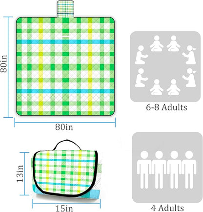 Portable Waterproof Picnic Blanket,Picnic Blankets Extra Large Outdoor 80"x80", Machine Washable, Extra Large Picnic Mat for Grass Concert, Park, Lawn,Travel,Green Gingham