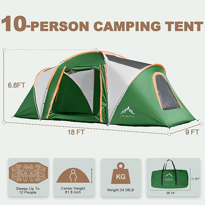 10 Person Family Tents for Camping Waterproof, Music Festival, Parties,2 Room Big Tent with 4 Large Mesh Windows, Double Layer, Easy Setup, Weather Resistant,18ft X 9ft X6.8ft