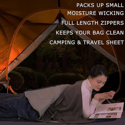 100% Cotton Sleeping Bag Liner with Full Length Zipper on 3 Sides; Single/Double Adult Sleep Sack for Travel & Camping, Multifunctional Travel Sheets (Unzipped 87”x87”) for Hotel, Lightweight