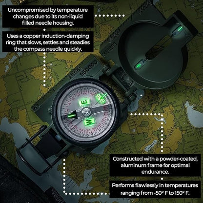 Cammenga Official US Military Tritium Lensatic Compass, Accurate Waterproof Hand Held Compasses with Pouch for Hiking Camping Navigation Survival Backpacking Orienteering