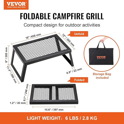 VEVOR Folding Campfire Grill, Heavy Duty Steel Mesh Grate, 18" Portable Camping Grates Over Fire Pit, Camp Fire Cooking Equipment with Legs Carrying Bag, Grilling Rack for Outdoor Open Flame Cooking