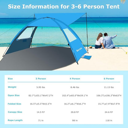 Gorich Beach Tent with Canopy - Easy Setup 3-6 Person Portable Sun Shelter, UPF 50+ UV Protection Sun Shade, Lightweight & Compact Beach Cabana for Family Travel