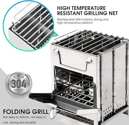 Wood Burning Camp Stove Camping Stove Folding Camp Mini Stove Rocket Stove Folding Stove Portable Backpacking Stainless Steel Light Folding Stove for Outdoor Tent Camping Picnic BBQ