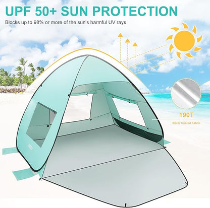 TOBTOS UPF 50+ Pop Up Beach Tent, Easy Set Up Beach Umbrella, Sun Shelter for 2-3 People UV Protection Portable Sunshade, Baby Canopy Cabana, Lightweight with Carry Bag