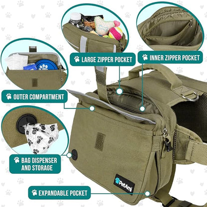 PetAmi Dog Backpack for Medium Large Dogs, Dog Saddle Bag For Dogs to Wear, Tactical Harness Saddlebag with Reflective Safety Side Pockets for Hiking Camping Vest Dog Pack Travel (Olive Green, Medium)
