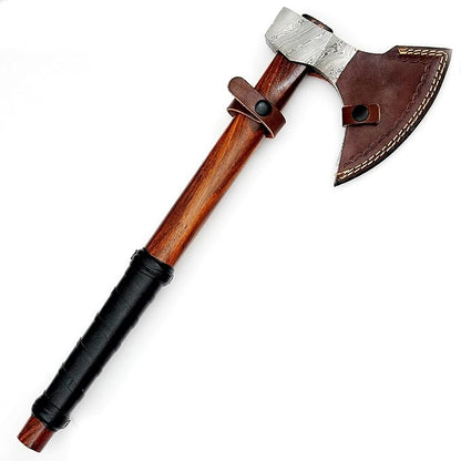 Damascus Axe | Wooden Axe | Axe with Leather Sheath | Straight Handle with Black Wrapping