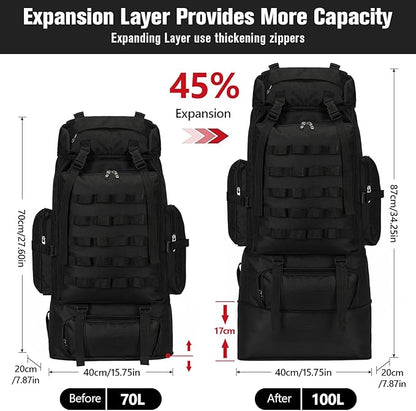 70L/100L Large Camping Hiking Backpack with Rain Cover, Waterproof Molle Rucksack Military Tactical Backpack, Lightweight Backpacking Backpack for Trekking Climbing Outdoor