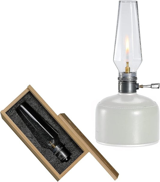 CAMPINGMOON Camping Gas Lantern with Aluminum Frame, Adjustable Light, Silver, Includes Wooden Case