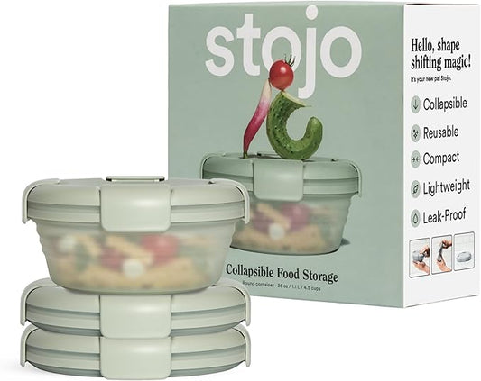 STOJO Collapsible Bowl 3 Set - Translucent Sage, 36oz - Reusable Silicone Bowl for Hot and Cold Food - Perfect for Travel, Meal Prep, To-Go Lunch, Camping & Hiking - Microwave & Dishwasher Safe