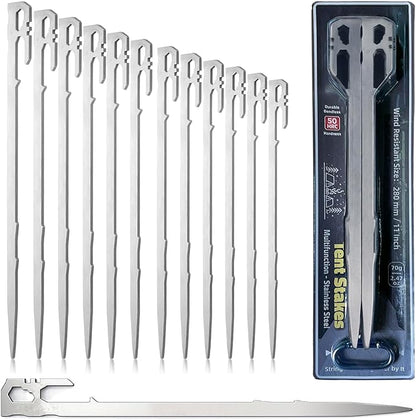 12 Pack Tent Stakes Heavy Duty 11 inch Steel Tent Pegs Ground Stakes Tent Spikes for Camping Unbreakable and Inflexible