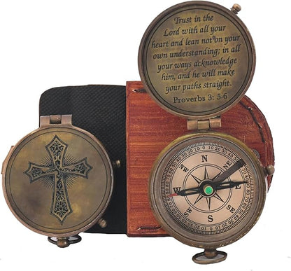 Trust in The Lord with All Your Heart -Proverbs 3: 5-6 Quote Engraved Compass with Leather Box, Compass Gift, 2023 Graduation Day Gifts- Baptism Gifts Compass