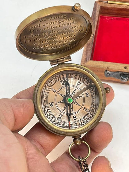 Antique Brass Compass Gift, Pocket Sundial Compass with Engraved Quote Be Strong and Courageous Perfect Compass Gifts for Men, Vintage Nautical Compass