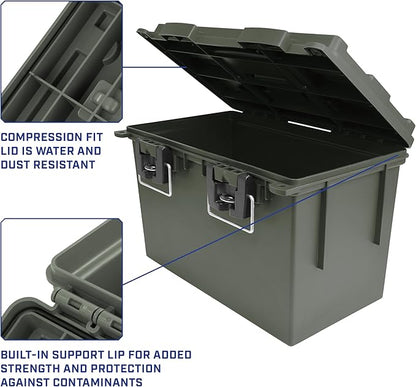 Sheffield 12774 2-Pack XL Ammo Storage Box, Stackable .50 Cal Field Boxes, Water and Dust Resistant, Lockable Storage Box with Handle, Heavy Duty Protection for Hunting Gear, Made in the USA, Green
