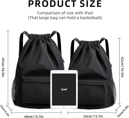 Sports Drawstring Backpack String Swimming Gym Bag Backpack with Shoes Compartment and Pocket for Men Women (Black-Small)