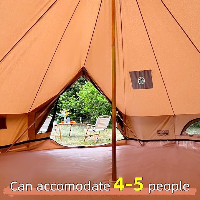 Cotton Canvas Bell Tent with Stove Jack, Roomy Yurt for Family Glamping Camping, 4 Season Tent with Zipped Removable Floor