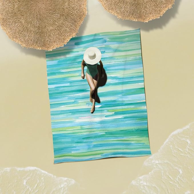 Sunlit Soft 106"x81" Sand Proof Beach Blanket Sand Free Beach Mat with Corner Pocket and Mesh Bag for Beach Party Travel Camping and Outdoor Music Festival, Watercolor Painting Ombre Green