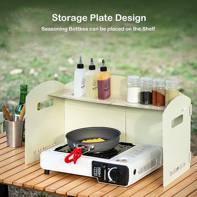 Stove Windscreen - Folding Camping Stove Windshield 4 Plates Stainless Steel Stove Windscreen with Shelf Board for Outdoor, Picnic, Backpacking and Cooking Beige