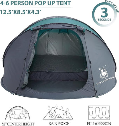 6 Person Easy Pop Up Tent,12.5’ x 8.5‘ x53.5,Automatic Setup,Waterproof, Double Layer,Instant Family Tents for Camping,Hiking & Traveling