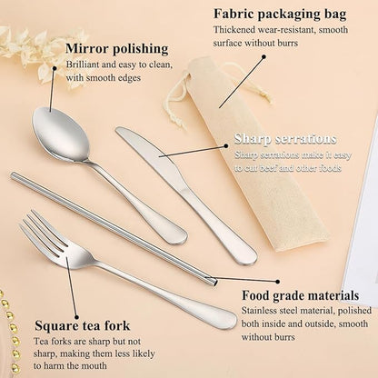 Kyraton Camping Silverware Set 4 Pieces with Portable Base, Stainless Steel Flatware Camping Utensil Set Travel Cutlery Set for Outdoor Picnic Office School Farm Work Lunch Box