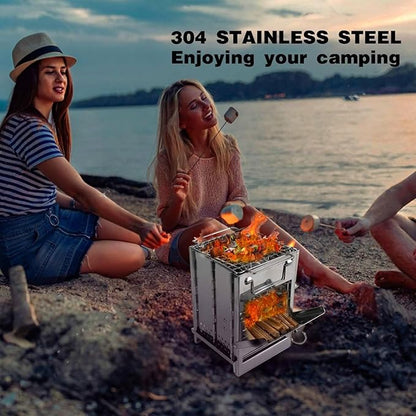 Camping Wood Burning Stove with Carry Bag,Foldable Camp Stove,Stainless Steel Collapsible Backpacking Survival Stove,Campfire Stove,Outdoor Folding Lightweight Stove for BBQ,Cooking,Picnic,Hiking
