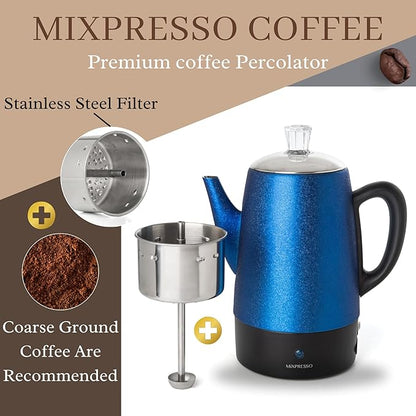 Mixpresso Percolator Coffee Pot Electric 10 Cup, Stainless Steel Coffee Maker, Coffee Percolator Electric With Keep Warm Function, 10 Cups Stainless Steel Perculator With Basket (Shiny Blue)