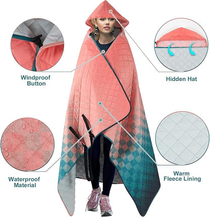 Hooded Outdoor Blanket, Extra Large 82" x 55" Waterproof Camping Blanket, Quilted, Thick Fleece, Warm, Windproof, Sand Proof, Portable and Wear-Resistant, Perfect for Stadium, Picnic, Camping