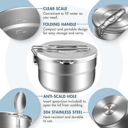 Lixada Camping Pot Stainless Steel Camping Cook Pot 1.5L Camping Cooking Pot with Lid and Folding Handle, Large Capacity Bento Pot Camping Cookware for Outdoor Backpacking, Hiking, Picnic