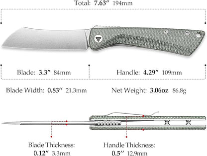 Higonokami Folding Pocket Knife for Men，3.3" 14C28N Stonewash Camping EDC Knives with Clip Micarta Handle，Norma-04G