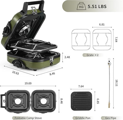Naturehike Mirage 2 Burner Folding Camping Stove with Griddle, Portable Camp Gas Stove with 16000 BTU, 2 Adjustable Burners & Piezo Ignition, Compatible with Blend Isobutane Fuel