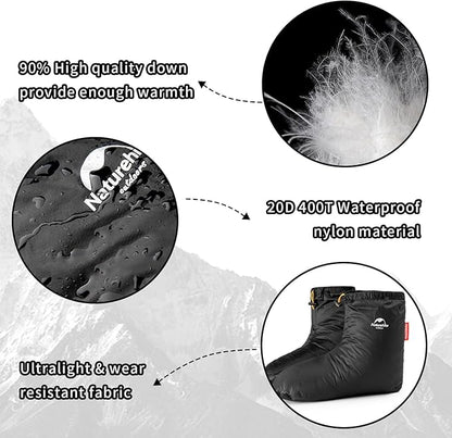 Tentock Ultralight Winter Goose Down Booties Socks Slippers Warm Soft Cozy Water-Resistant for Camping Backpacking Indoor Down Filled Slipper Boots with Storage Bag
