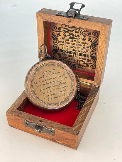 Brass Compass Engraved “Trust in The Loard” Compass is Unique Birthday Gifts for Men, Husband or Wife Customize Antique Compass is a Classy Gifts, with a Wooden Box.