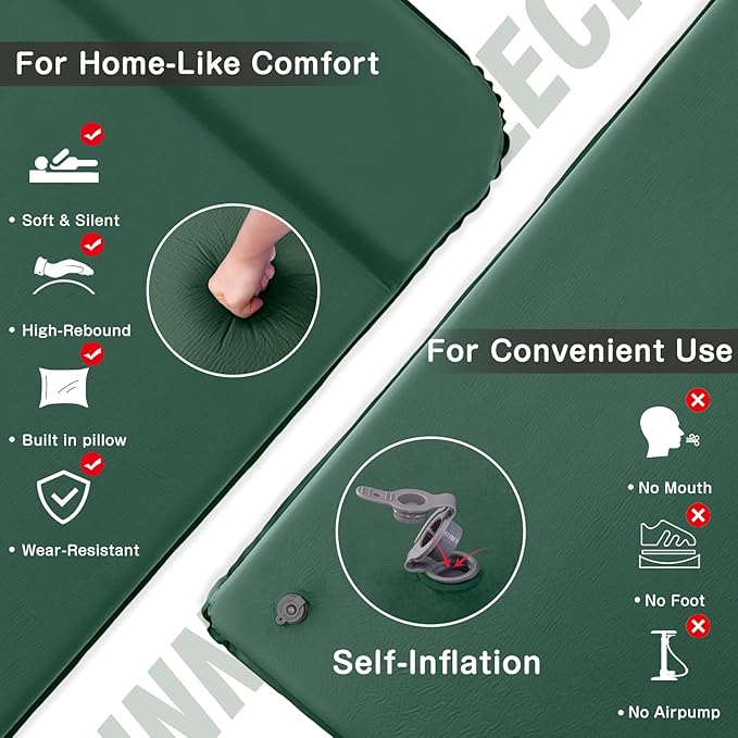 Self Inflating Sleeping Pad for Camping Fast Inflating in 20s Insulated Camping Pad Ultra-Thick Foam Camping Mats Memory Foam Camping Air Mattress with Pillow for Car Camping , Tent, Home,Travel