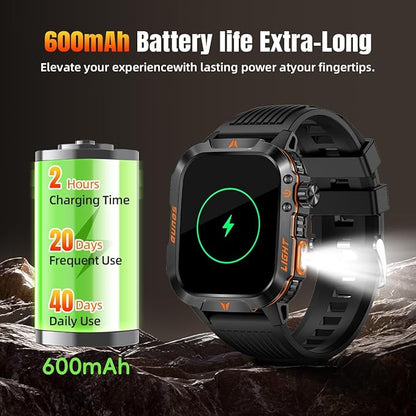 Military Smartwatch for Men LED Flashlight Bluetooth Call & IP68 Waterproof Heart Rate Blood Oxygen & Sleep Tracker Fitness Pedometer Android/iOS Compatible - Ideal for Hunting Hiking & Extreme Sports