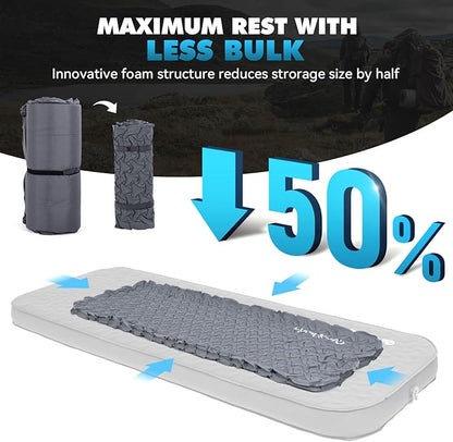 Hikenture 4" Thick Self Inflating Sleeping Pad, Ultralight Foam Camping Mattress, 9.5 R-Value Insulated Sleeping Mat with Pump Sack, Portable All Season Camping Pad for Tent, Car, Cot