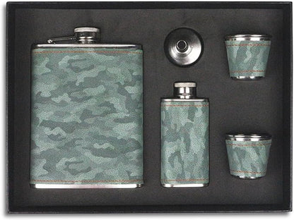 Hip Flask Gift Set, Hip Flasks for Liquor for Men with camouflage Leather Cover, 8 Oz Hip Flask, 18/8 Stainless Steel Hip Flasks, Flasks for Liquor for Men Gift Box