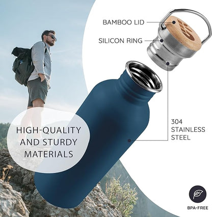 Bambaw Non-insulated Water Bottle 32oz, Blue Water Bottle with Handle, Stainless Steel Single Wall Water Bottle Dishwasher Safe, 1 Liter Water Bottles Reusable, Large Water Bottle – Aegean Blue