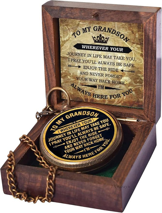 Gift for Grandson Brass Compass Engraved Quote | Memory Present to My Grandson Birthday, Baptism, Graduation, Confirmation, Love, Gift idea by Grandpa Grandma, 2025 Gift