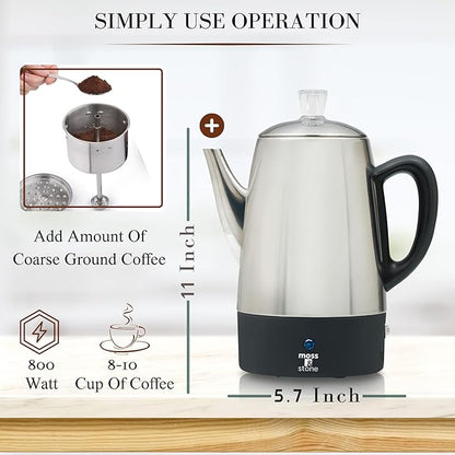 Moss & Stone Percolator Coffee Pot Electric 10 Cup, Stainless Steel Coffee Maker, Coffee Percolator Electric With Keep Warm Function, 10 Cups Stainless Steel Percolator With Coffee Basket